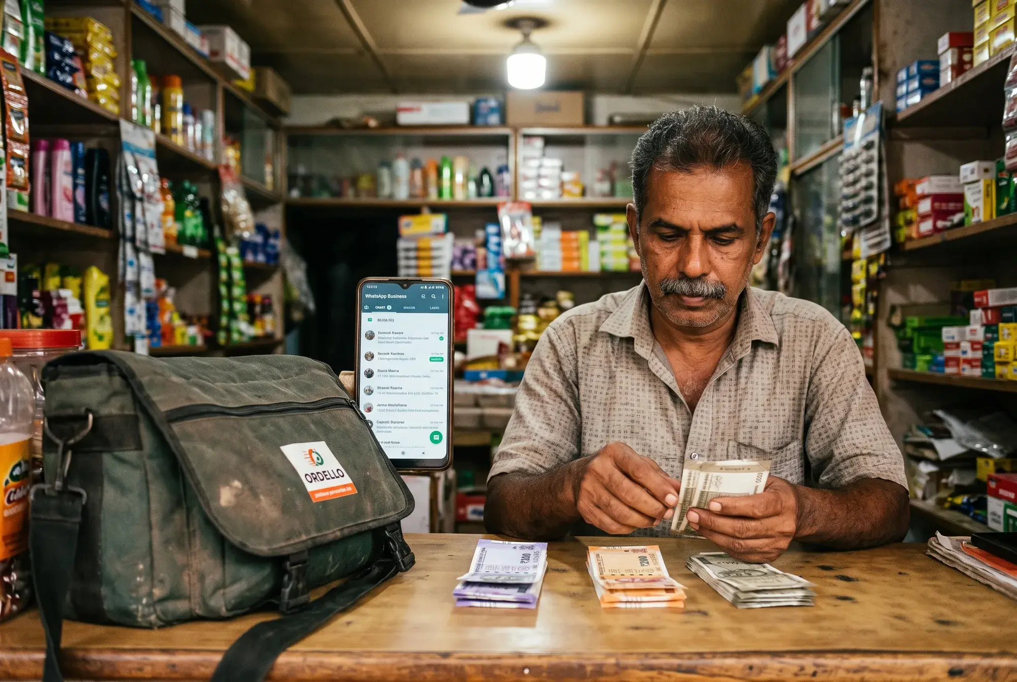 A shop owner counting cash-on-delivery collections at the end of the day