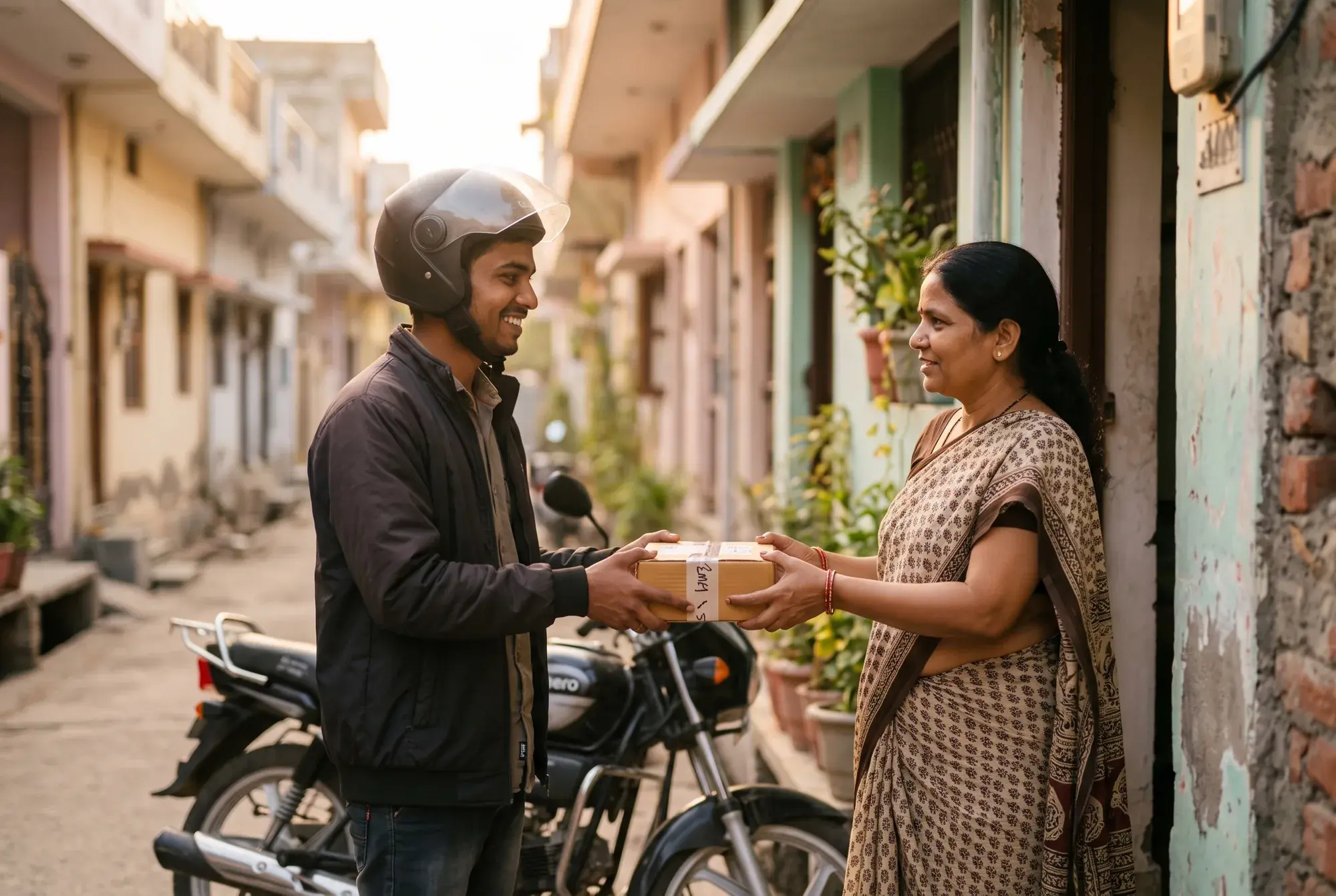 A delivery rider handing over a parcel and collecting cash