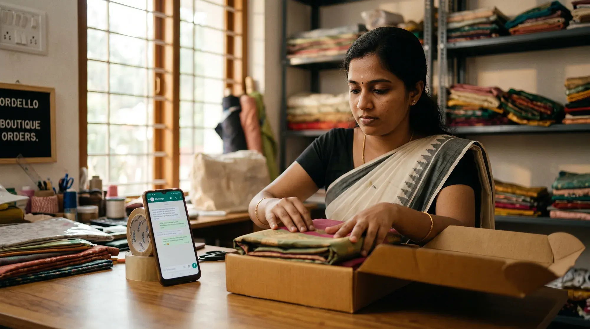 A boutique owner packing an order taken over WhatsApp