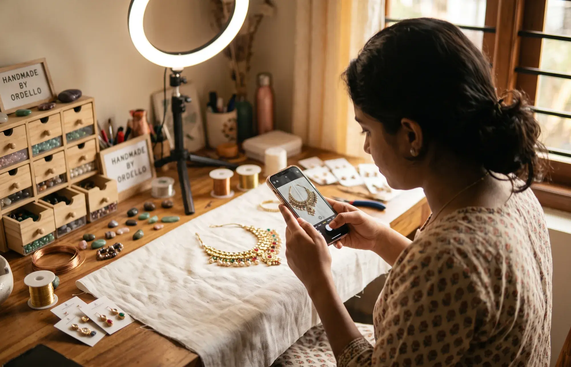 A jewellery maker photographing a piece for her Instagram shop