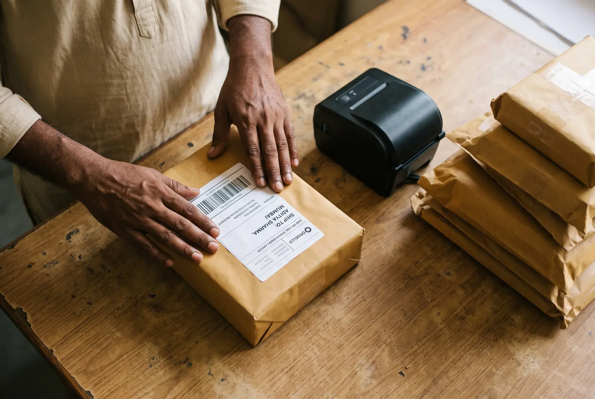 A parcel from an online store order, packed and labelled