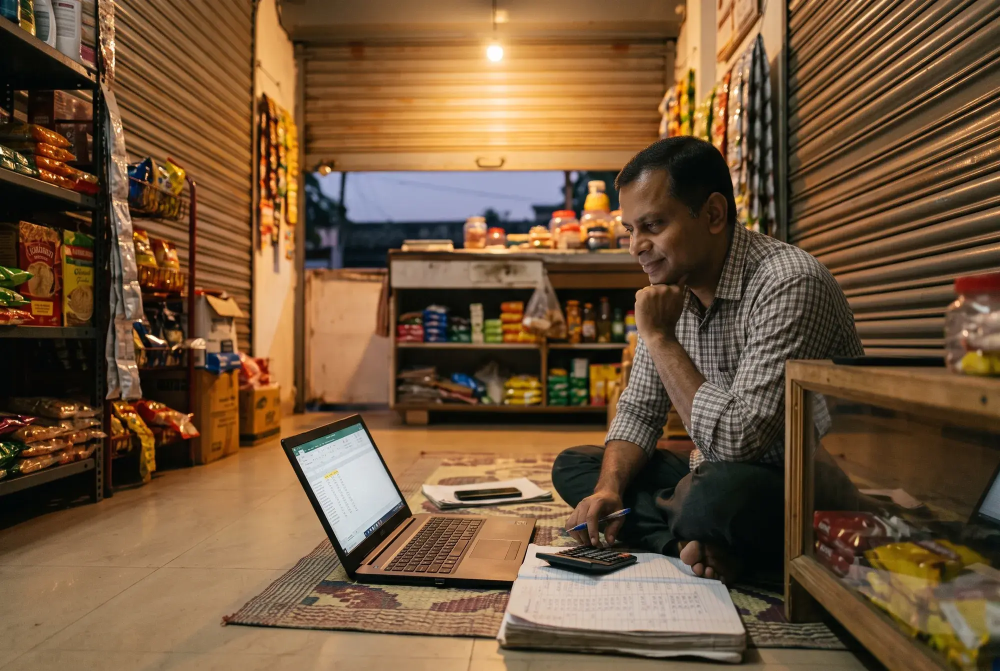 A shop owner going through the accounts after closing
