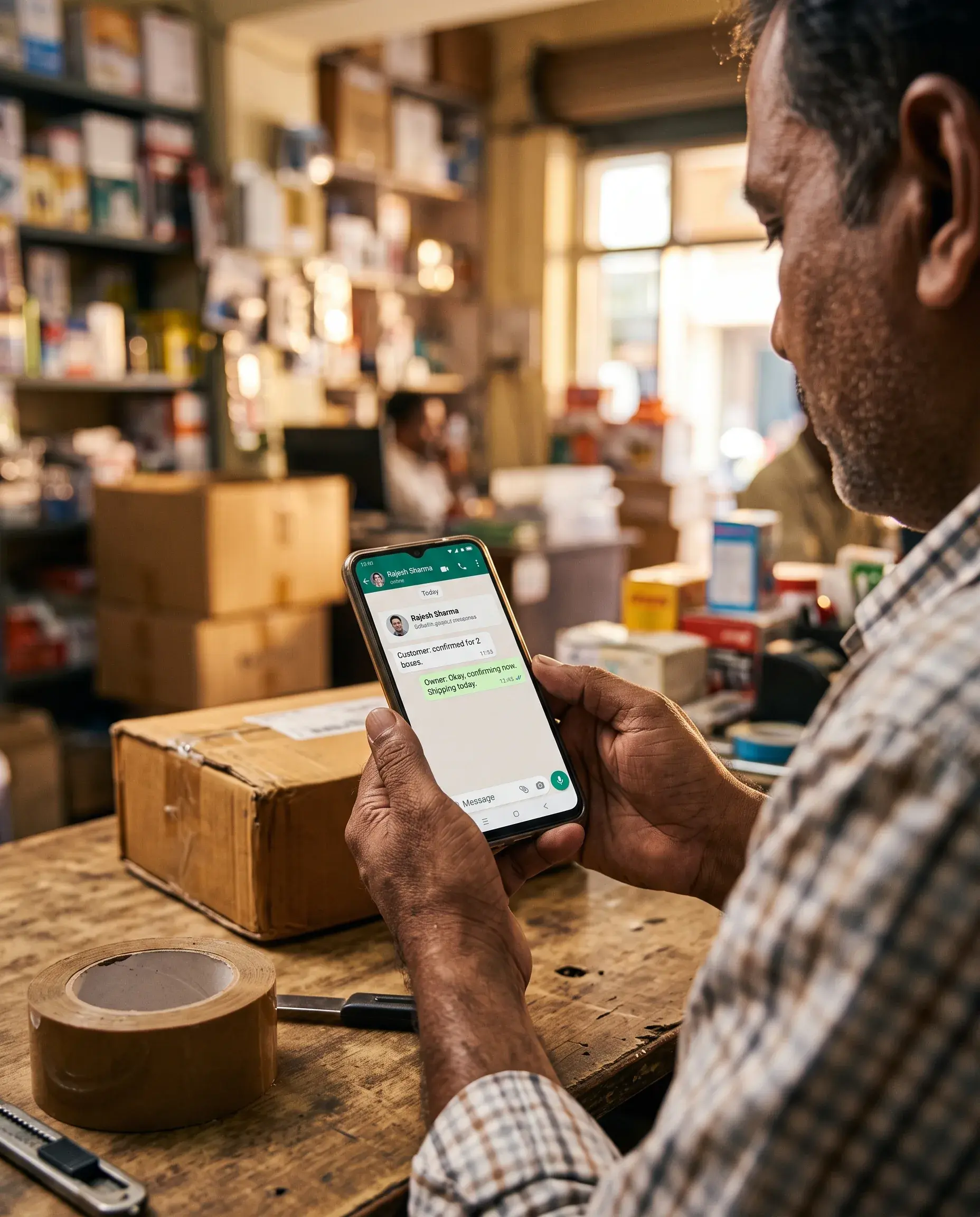 A shopkeeper taking a customer order over WhatsApp